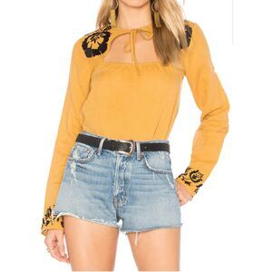 TULAROSA Aspen Blouse Long Sleeve Mustard Yellow With Black Embroidery, Sz S